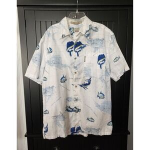 Columbia‎ River Lodge Fish Print Shirt Medium Cotton Fishing Beach Hawaiian